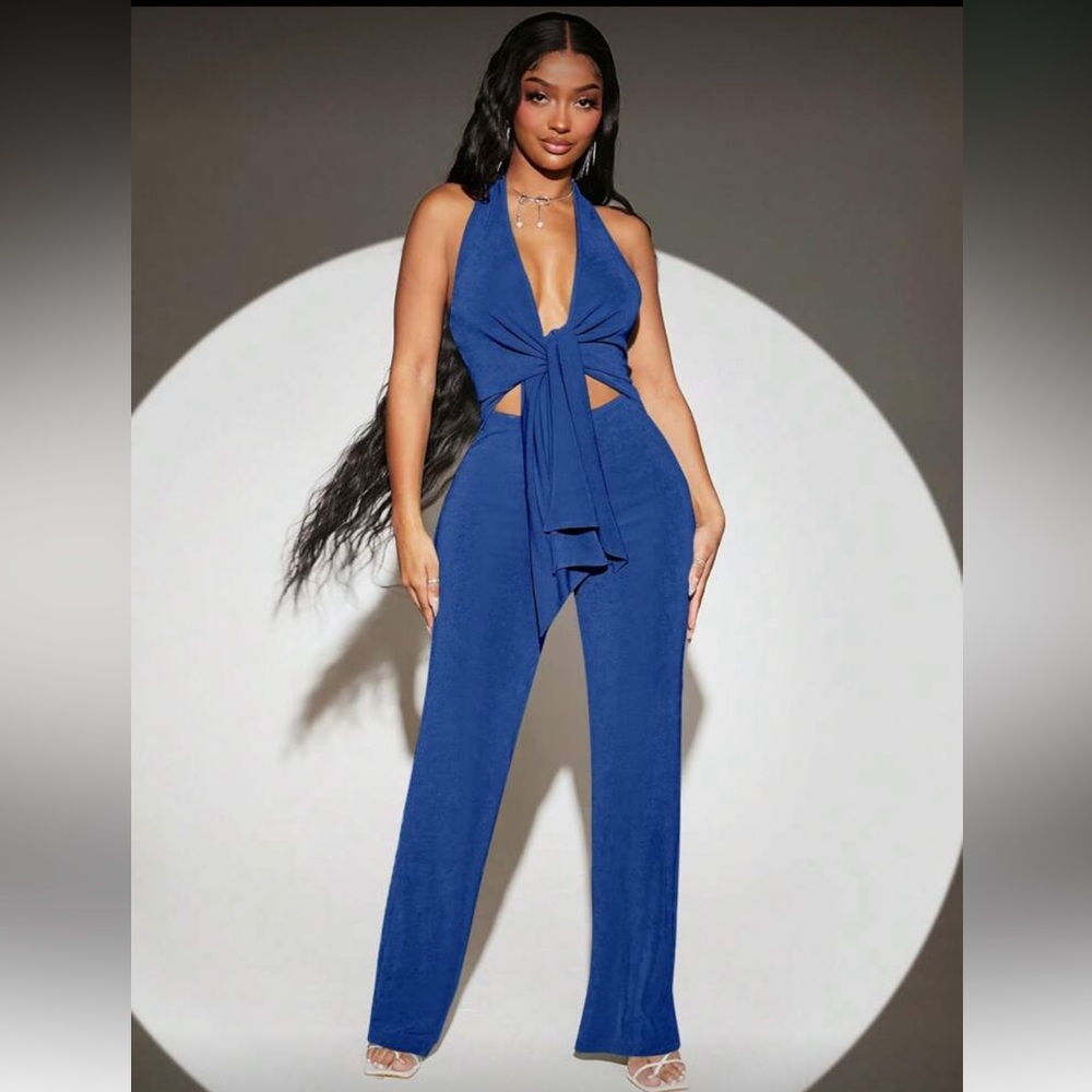 Royal Blue Halter Cutout Jumpsuit | SHEIN NWT Size L